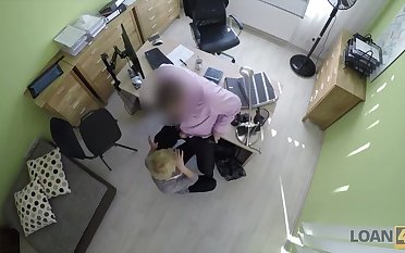 LOAN4K. Nice young lady gives a head and spreads paws in loan office